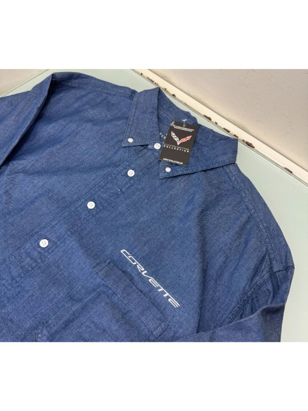 Corvette Shirt Mens 3XL Chambray Denim Button Down Long Sleeve Pocket Jay Leno - Picture 2 of 7
